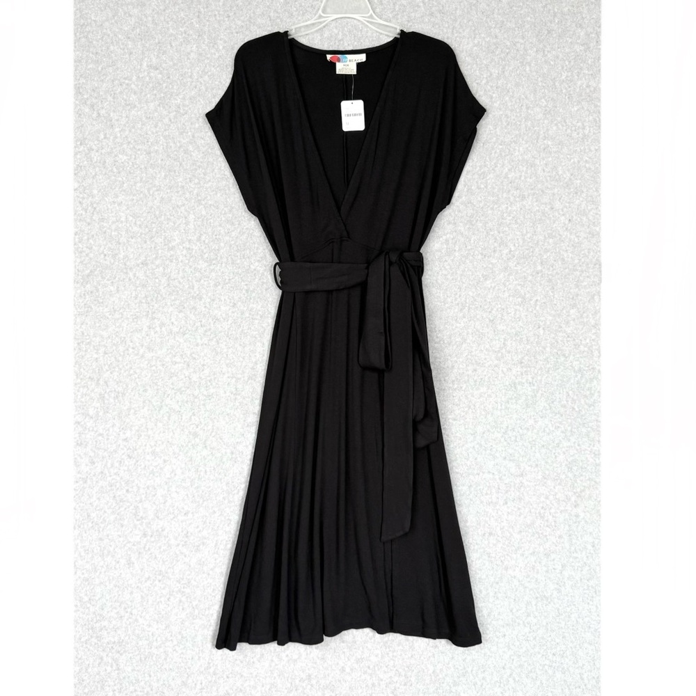 Free People FP Beach Black Midi Dress Size Medium V Neck Tie Waist Stretch NWT